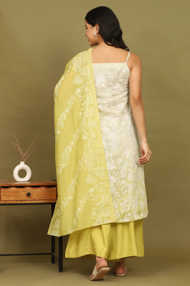 Elegant Green Floral Printed Chanderi Spaghetti Strap Straight Kurta with Pants and Dupatta Set for Festive Wear