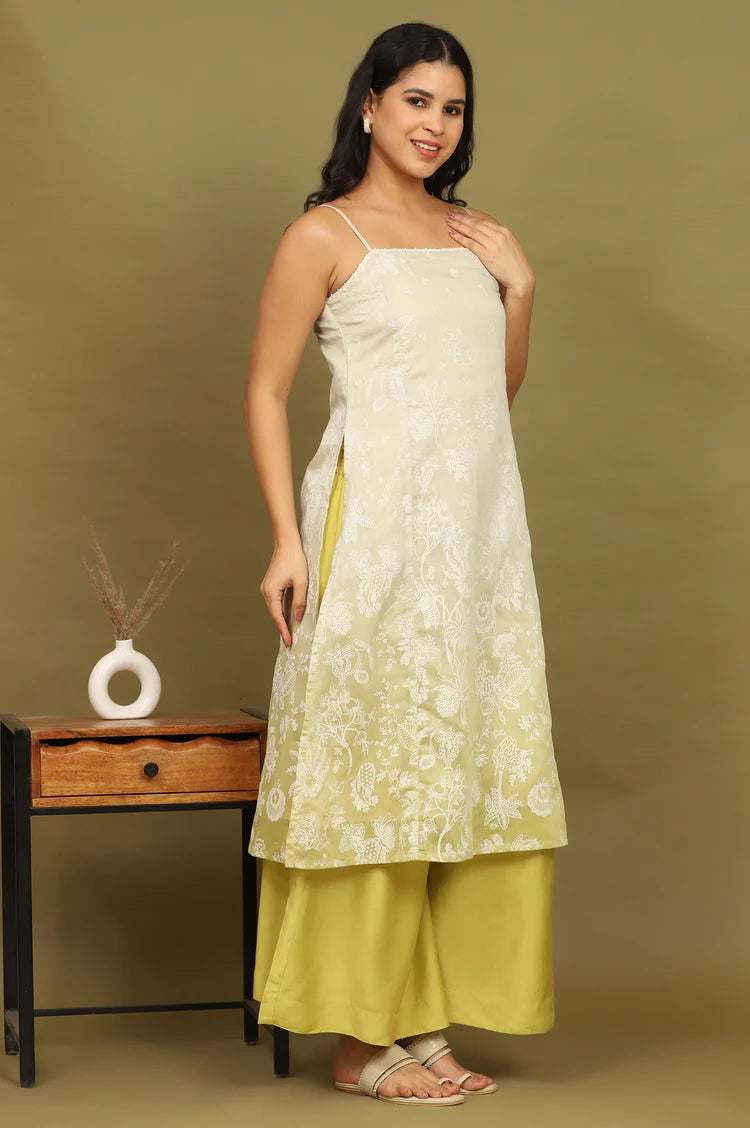 Elegant Green Floral Printed Chanderi Spaghetti Strap Straight Kurta with Pants and Dupatta Set for Festive Wear