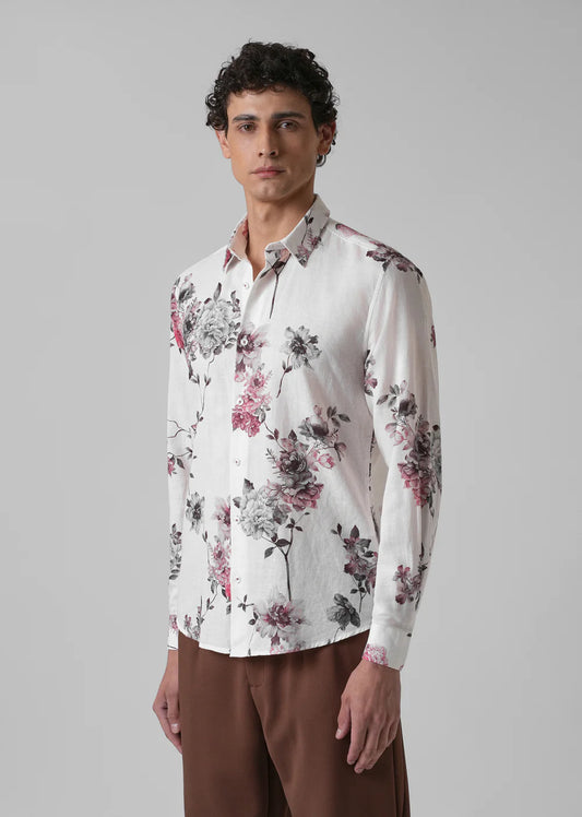Casual Long Sleeve Cotton Linen Shirt with White Floral Pattern