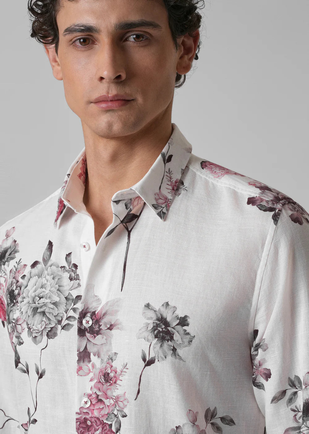 Casual Long Sleeve Cotton Linen Shirt with White Floral Pattern