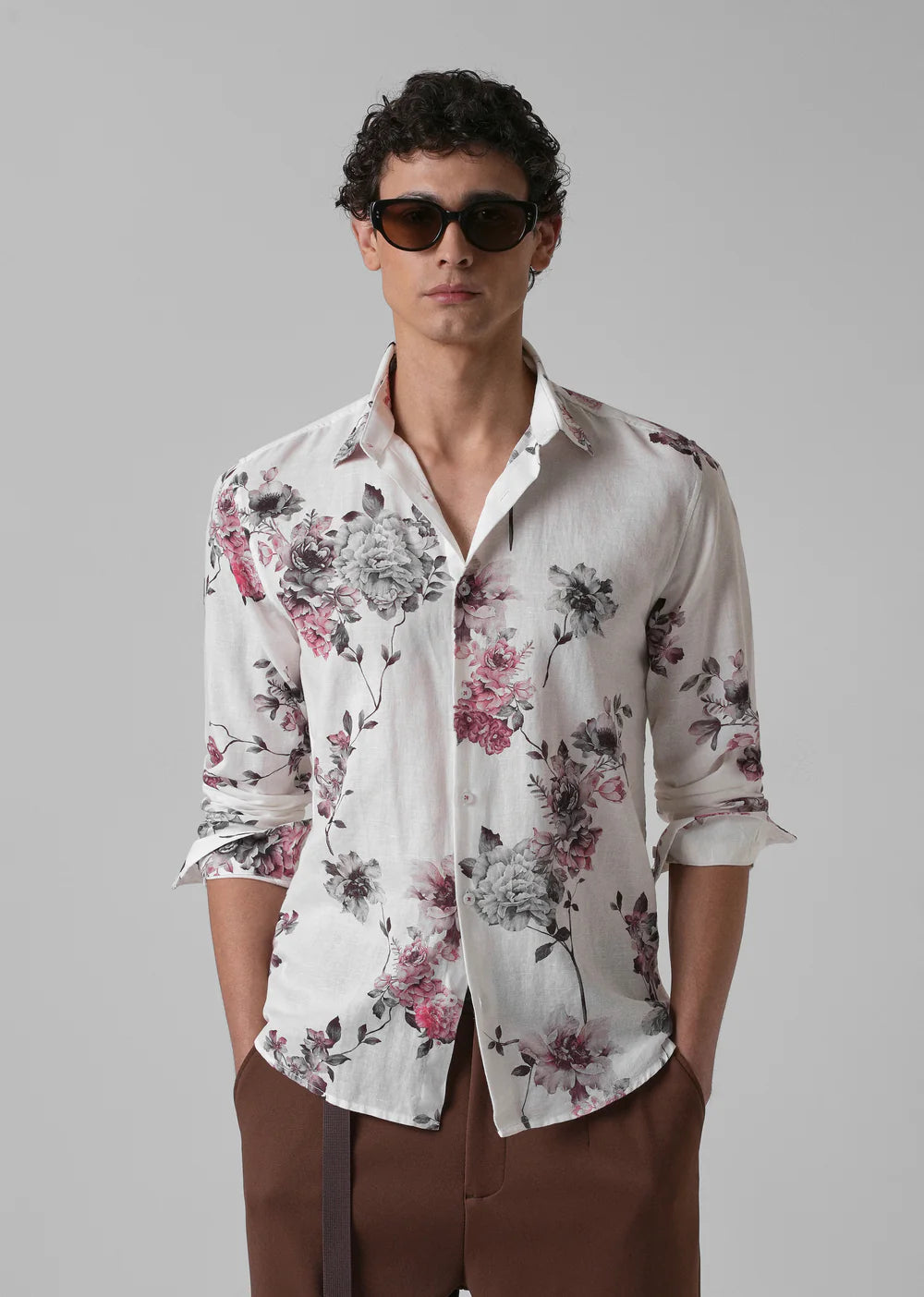 Casual Long Sleeve Cotton Linen Shirt with White Floral Pattern