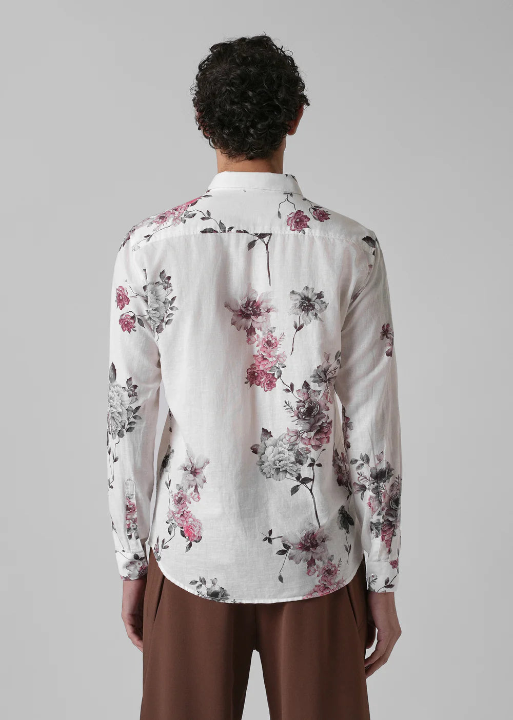 Casual Long Sleeve Cotton Linen Shirt with White Floral Pattern