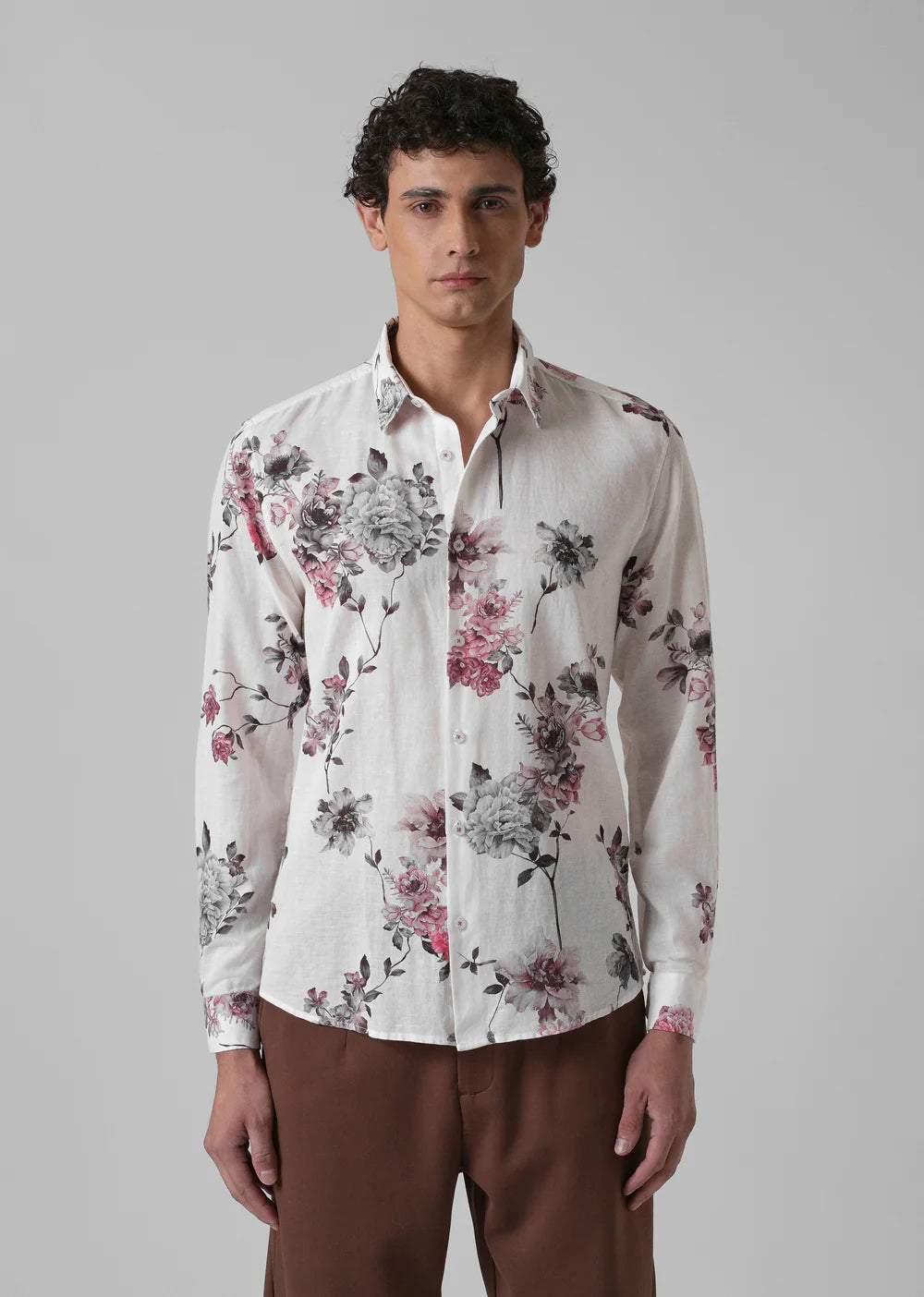 Casual Long Sleeve Cotton Linen Shirt with White Floral Pattern