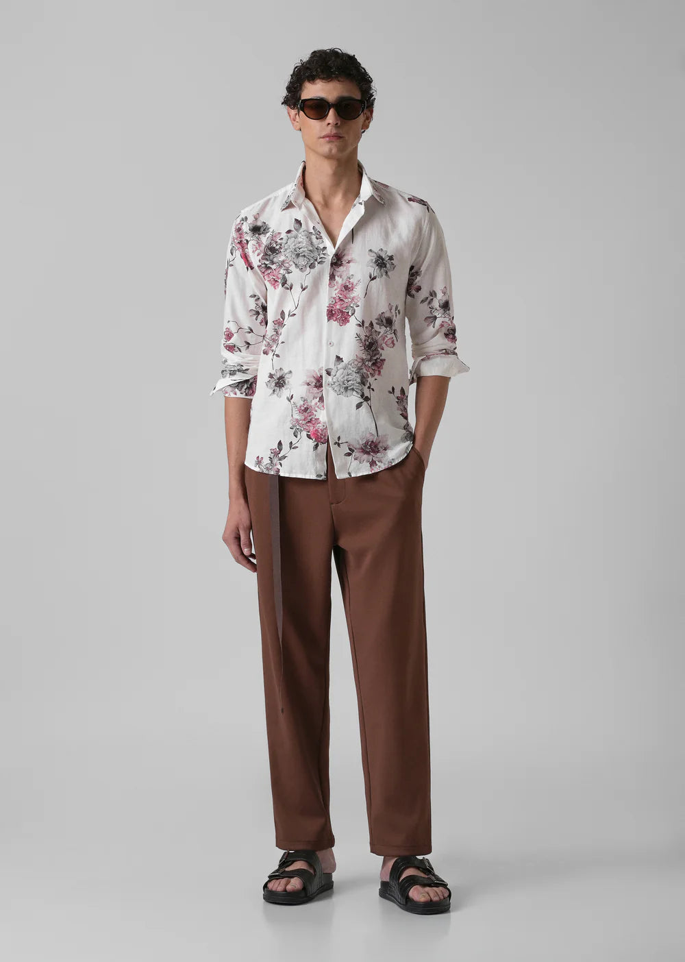 Casual Long Sleeve Cotton Linen Shirt with White Floral Pattern