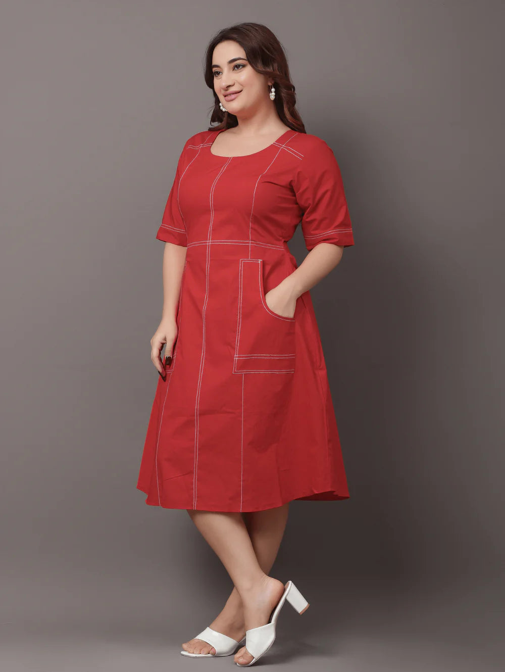 Soft and Lightweight Red Dress with Seamline Design for Women
