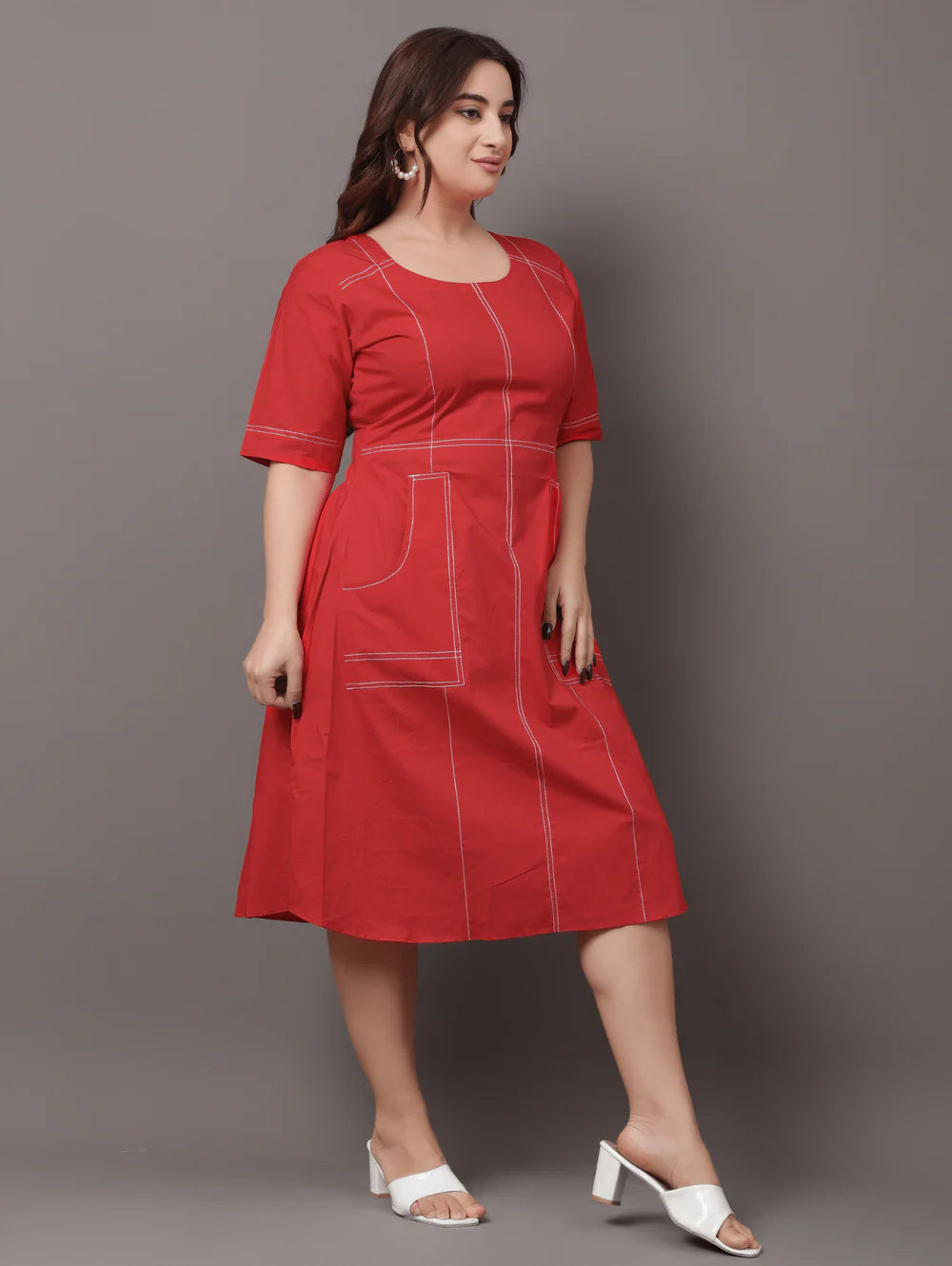 Soft and Lightweight Red Dress with Seamline Design for Women