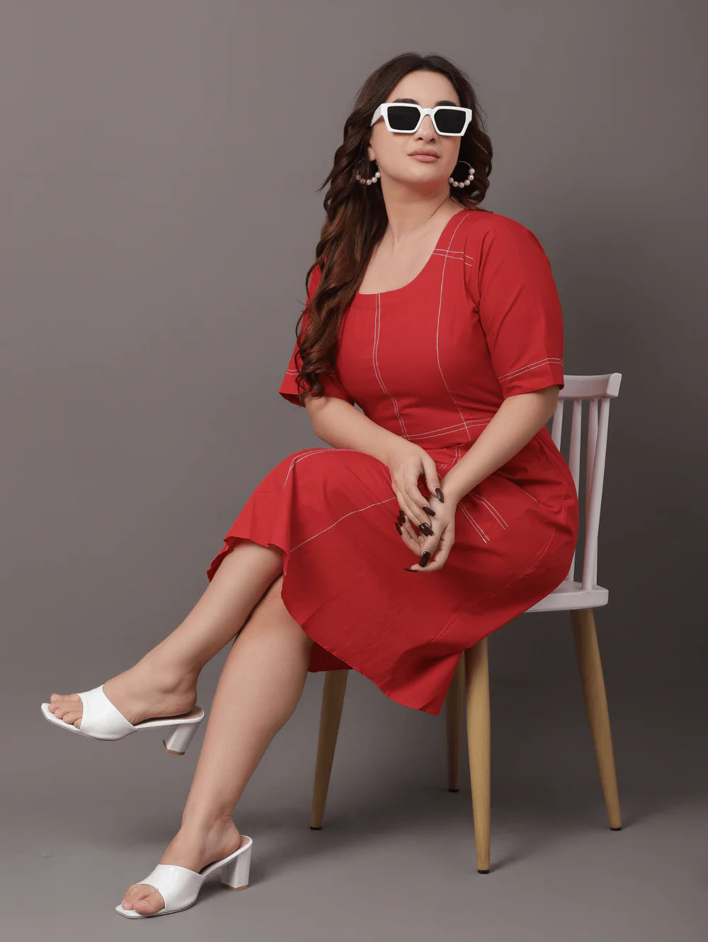Soft and Lightweight Red Dress with Seamline Design for Women