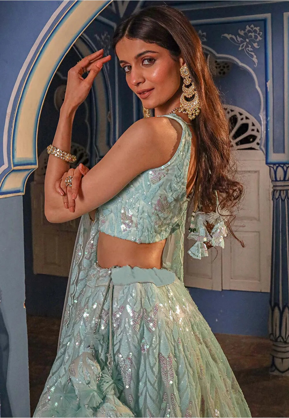 Pastel Blue Net Lehenga Choli with Designer Embroidery Detailing