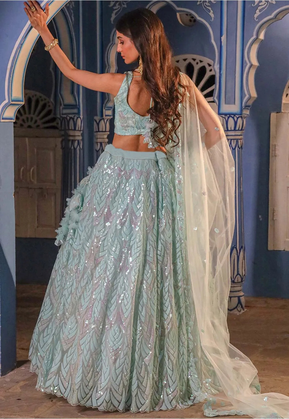 Pastel Blue Net Lehenga Choli with Designer Embroidery Detailing