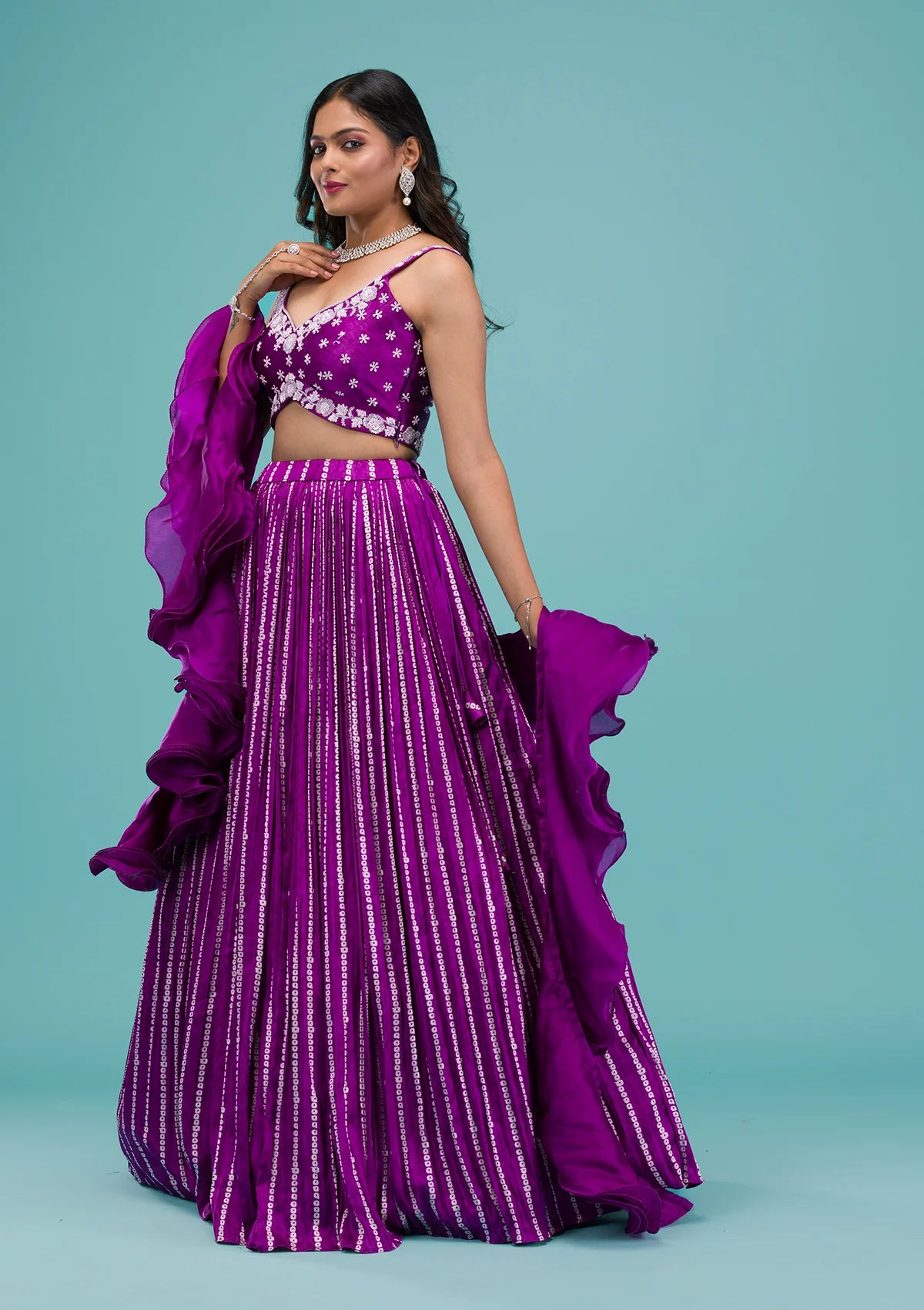 Glamorous Purple Satin Readymade Lehenga with Sequins Detailing