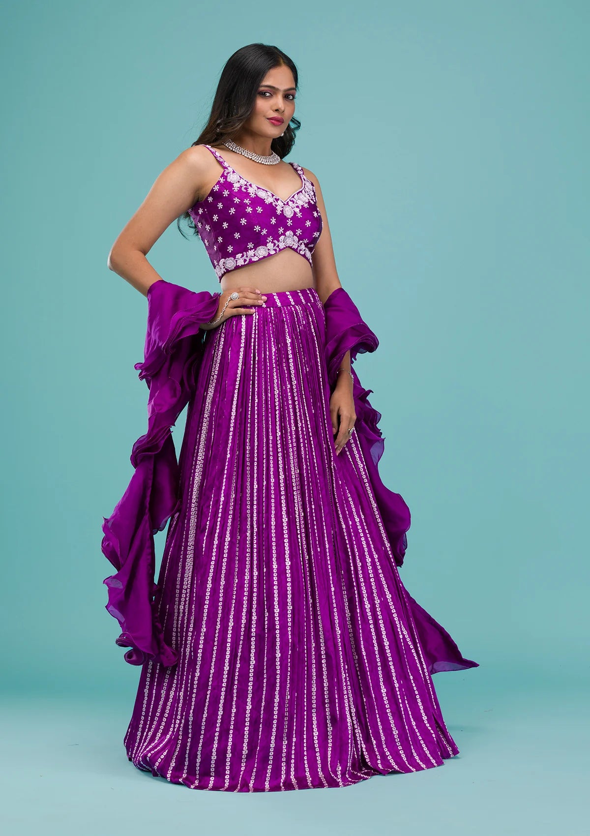 Glamorous Purple Satin Readymade Lehenga with Sequins Detailing