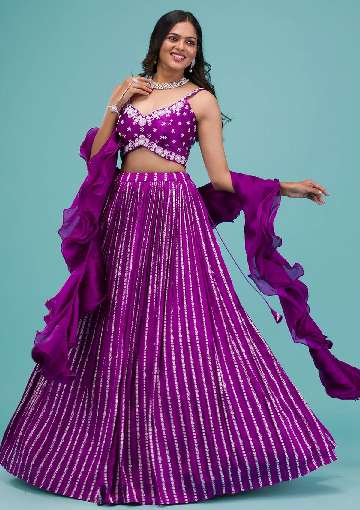 Glamorous Purple Satin Readymade Lehenga with Sequins Detailing