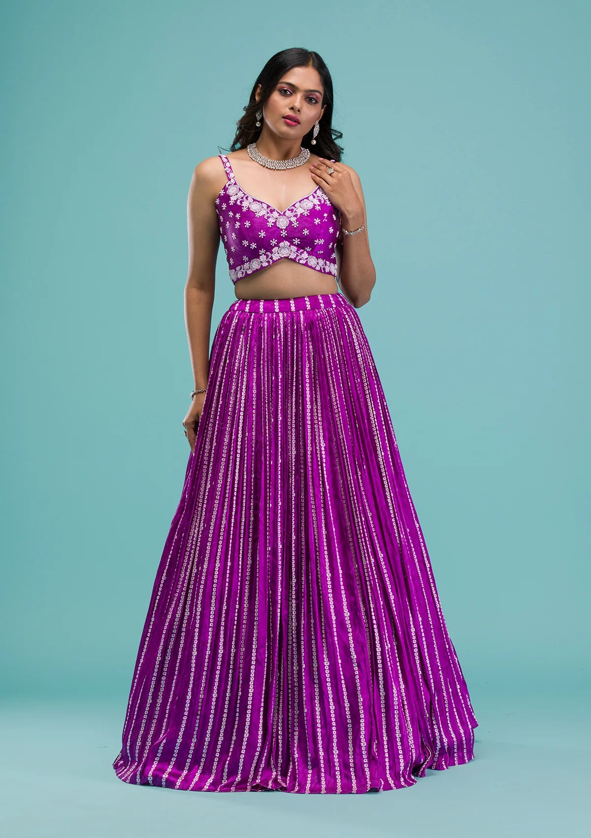 Glamorous Purple Satin Readymade Lehenga with Sequins Detailing
