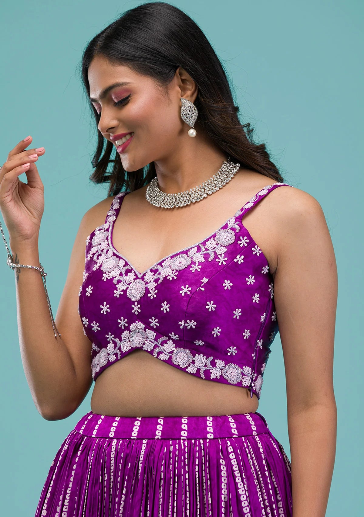 Glamorous Purple Satin Readymade Lehenga with Sequins Detailing