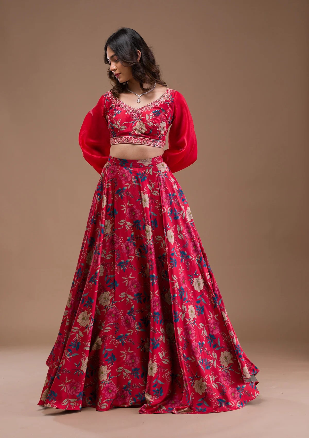 Trendy Red Satin Readymade Lehenga with Designer Print