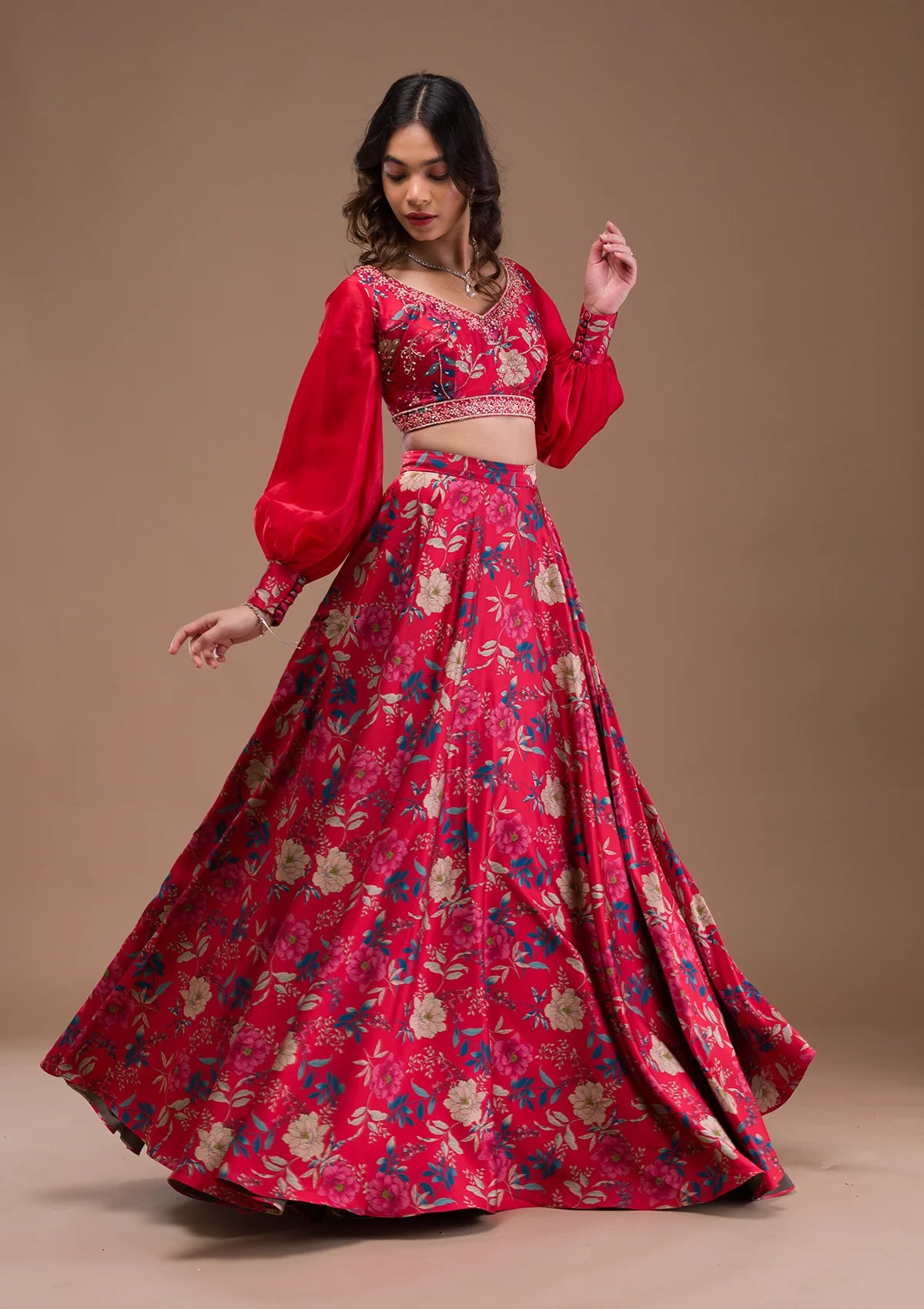 Trendy Red Satin Readymade Lehenga with Designer Print