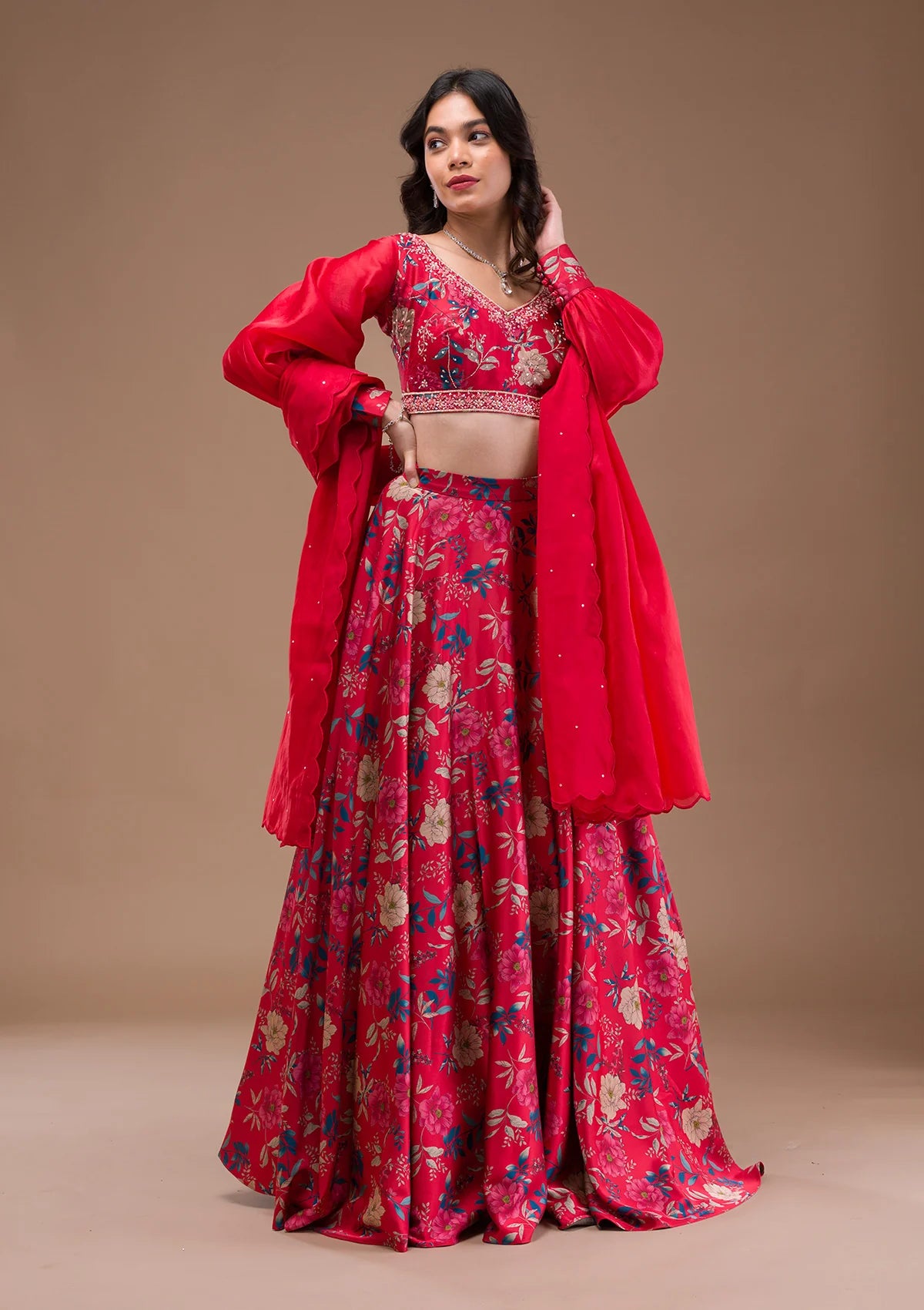 Trendy Red Satin Readymade Lehenga with Designer Print