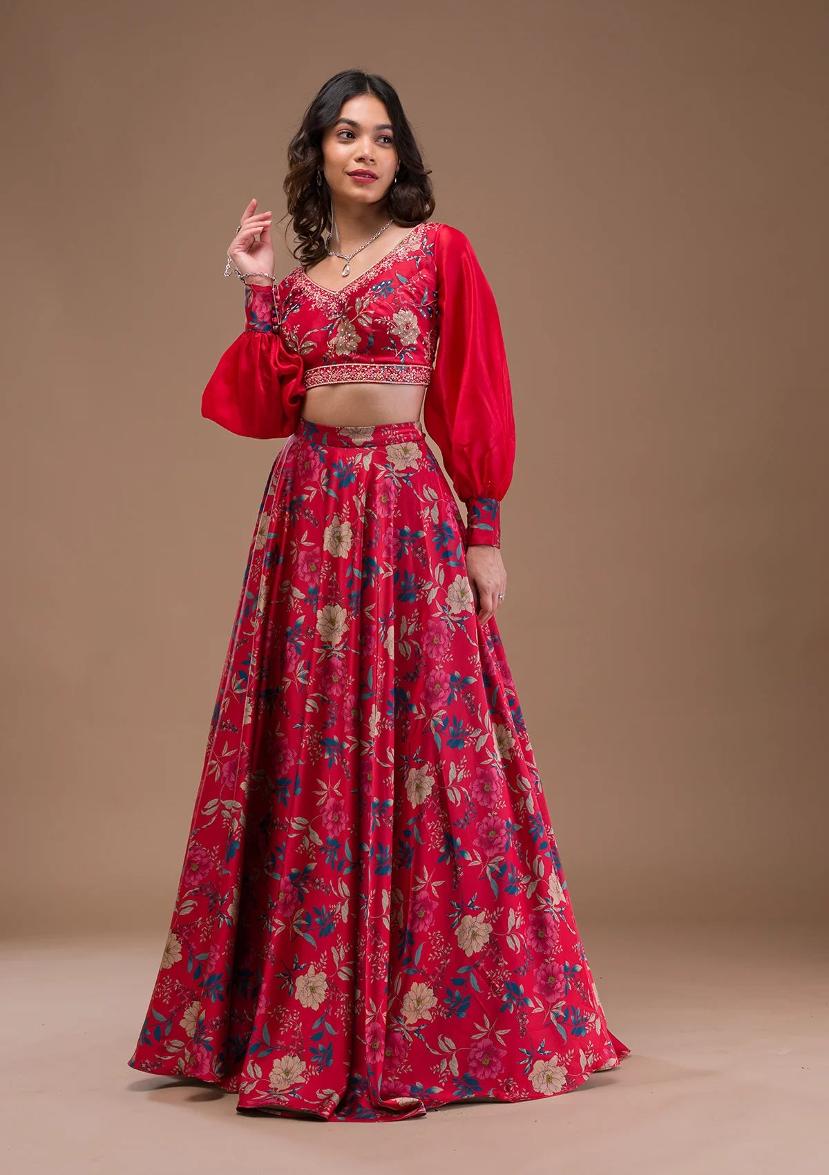Trendy Red Satin Readymade Lehenga with Designer Print