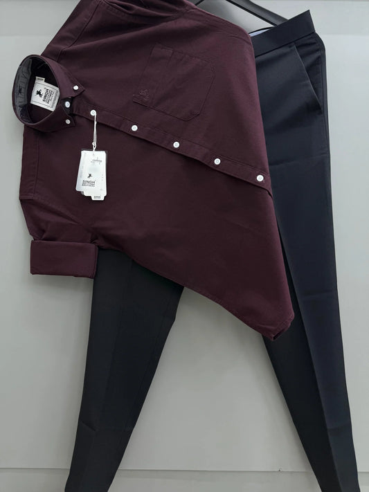 Maroon Wine Cotton Oxford Shirt Paired with Black Formal Pant for Stylish Office Look