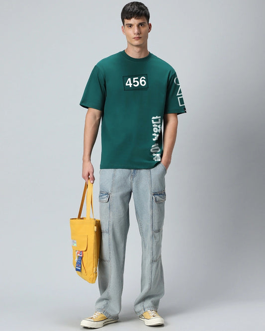 Trendy Men’s Oversized Aventurine Green T-Shirt Featuring Bold Contestants Graphic for Casual Streetwear Fashion