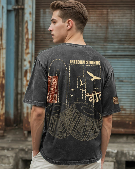 Oversized Black Acid Wash Graphic T-Shirt for Men Featuring Freedom Sounds Print