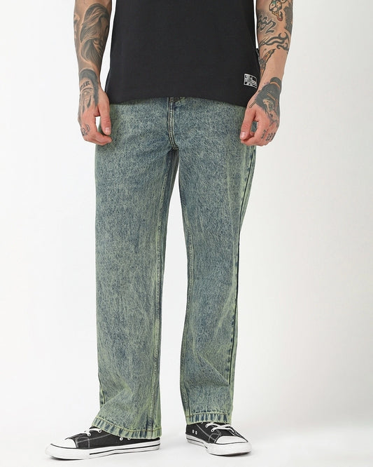 Men's Bluish Green Washed Straight Fit Mid-Rise Jeans
