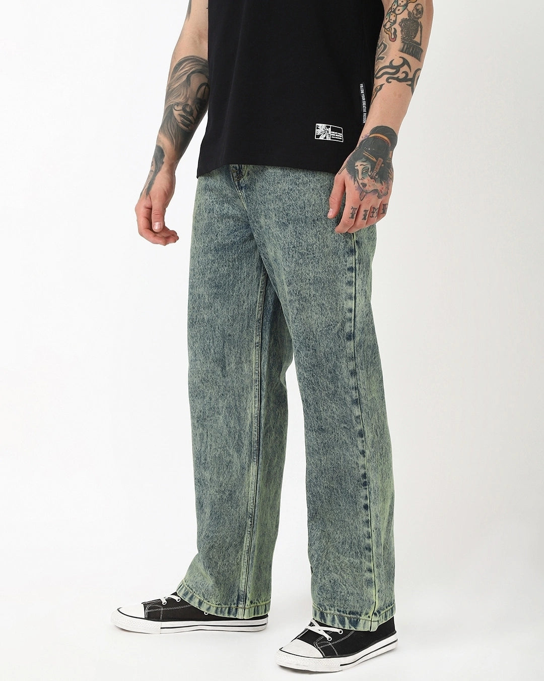 Men's Bluish Green Washed Straight Fit Mid-Rise Jeans