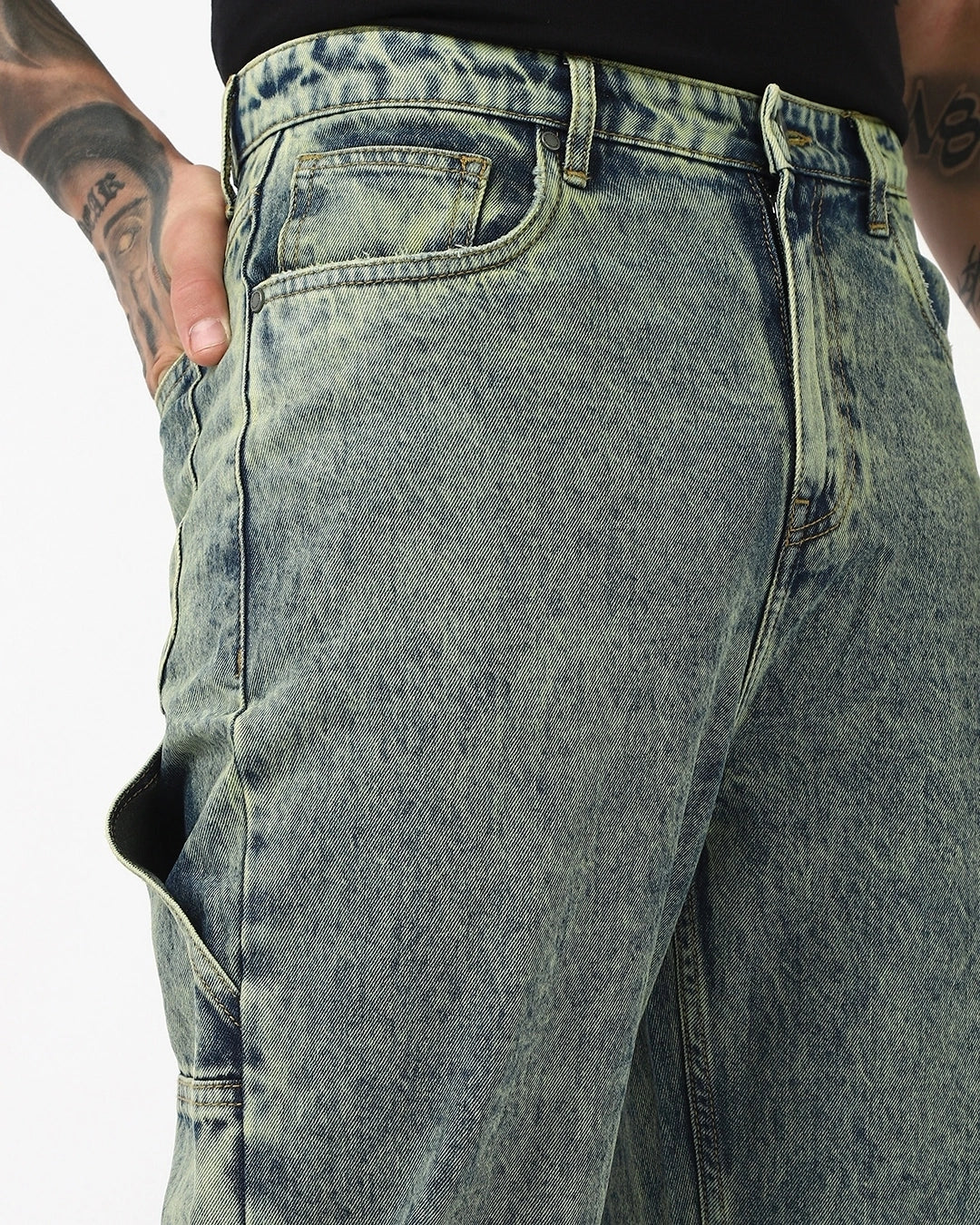 Men's Bluish Green Washed Straight Fit Mid-Rise Jeans
