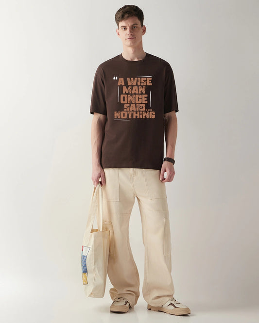 Stylish Chocolate Brown Oversized Men’s T-Shirt with Bold Wise Man Typography for Casual Outfits