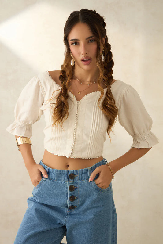 Fashionable Linen Cropped Bustier with Unique Pleated Detailing