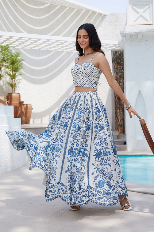 Elegant White Blue Cotton Straight Cut Lehenga with Embroidered Blouse