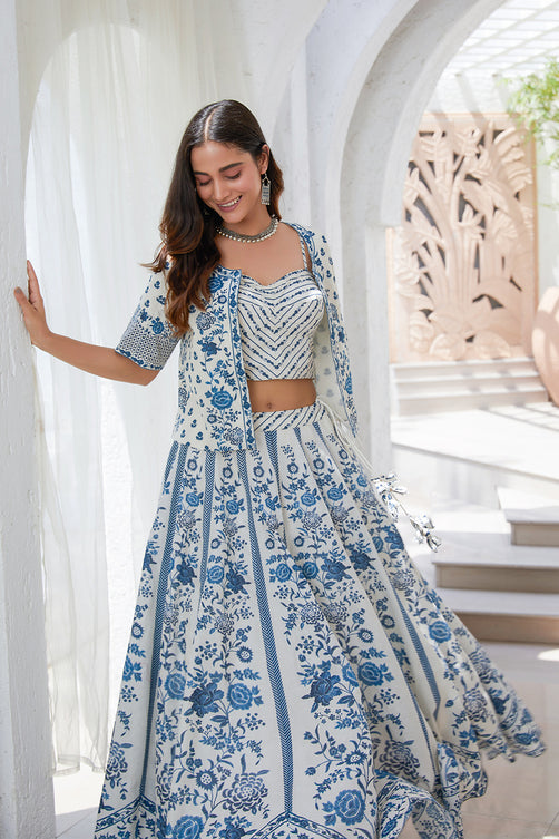 Elegant White Blue Cotton Straight Cut Lehenga with Embroidered Blouse