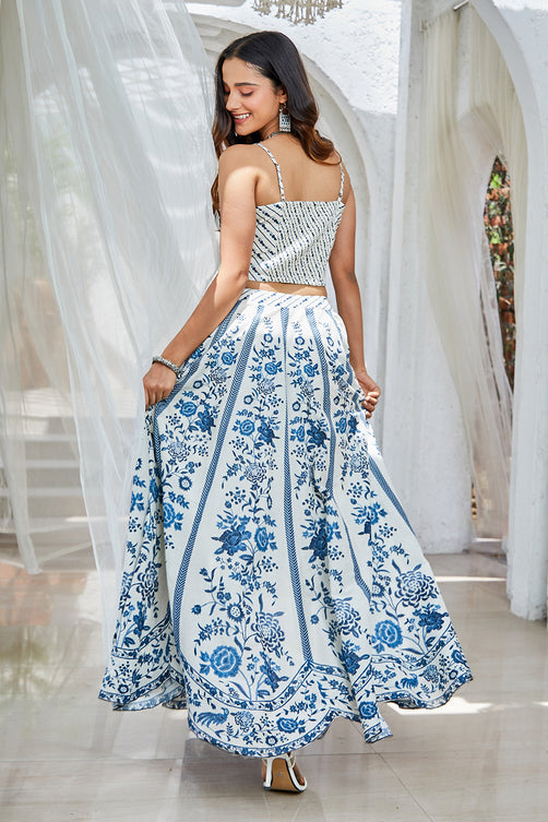 Elegant White Blue Cotton Straight Cut Lehenga with Embroidered Blouse