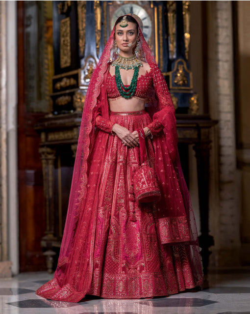Festive Rochelle Pompeian Red Lehenga Set with Luxury Golden Chrome Applique Details