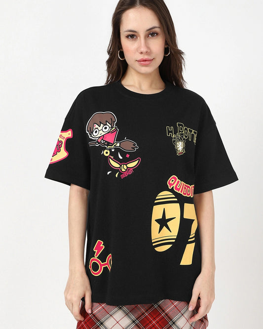 Women’s Oversized Black T-Shirt with Harry Potter Graphic Print