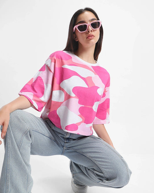 Chic Pink and White Camo Printed Oversized Short Top Perfect for Outings and Parties