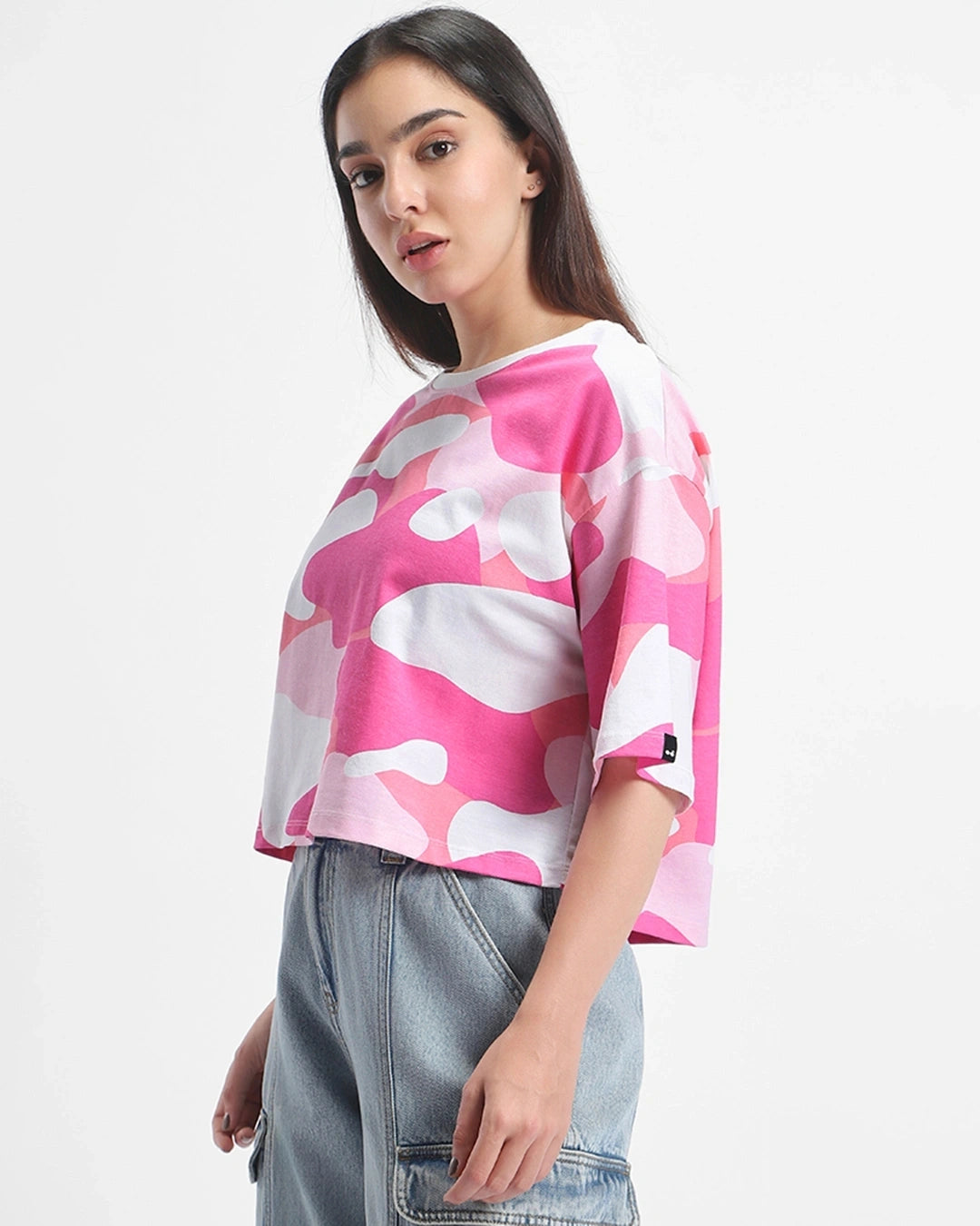Chic Pink and White Camo Printed Oversized Short Top Perfect for Outings and Parties