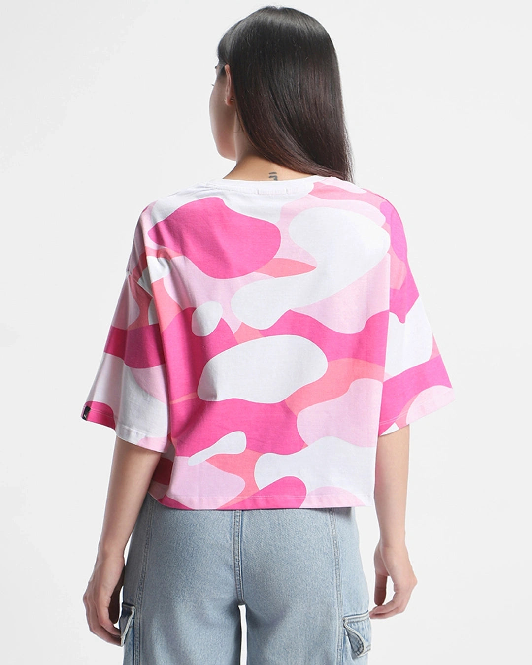 Chic Pink and White Camo Printed Oversized Short Top Perfect for Outings and Parties