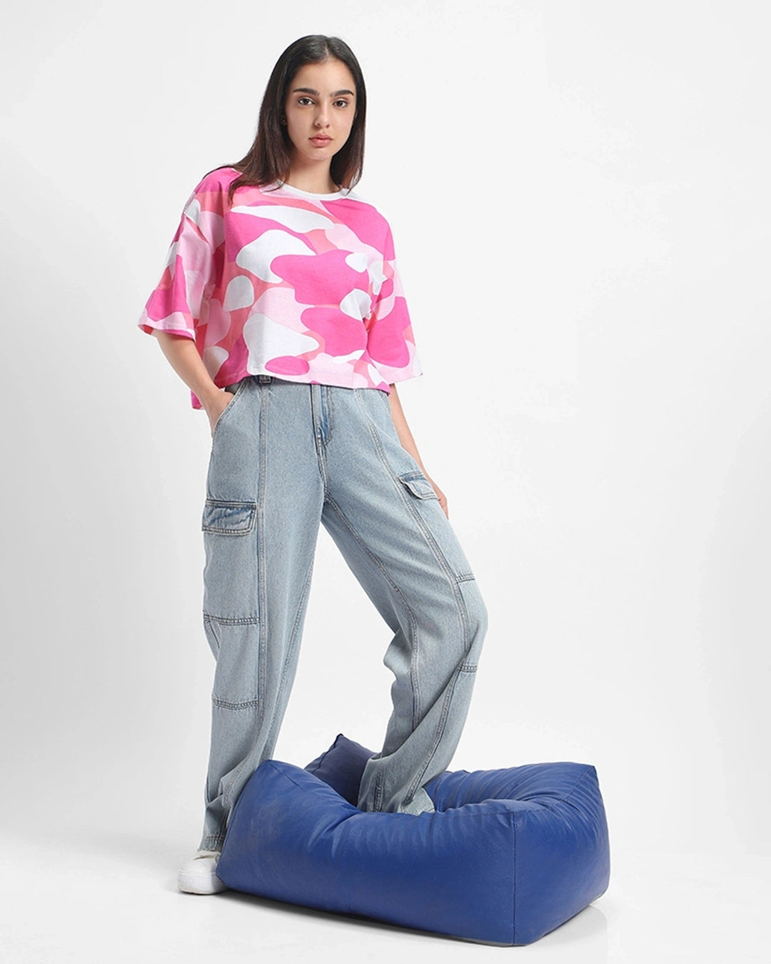 Chic Pink and White Camo Printed Oversized Short Top Perfect for Outings and Parties