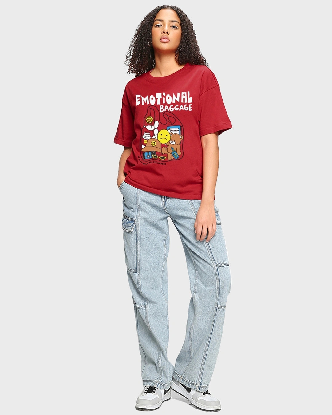Oversized Red Cotton T-Shirt with Emotional Baggage Artwork for Women