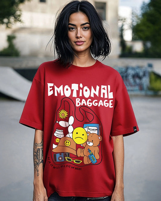 Oversized Red Cotton T-Shirt with Emotional Baggage Artwork for Women