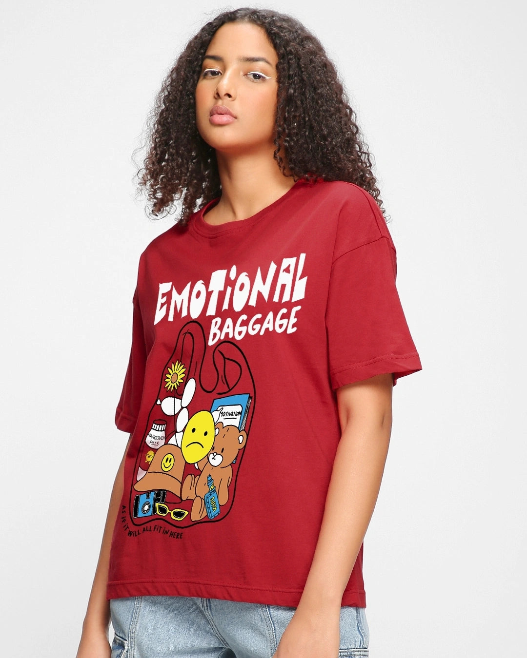 Oversized Red Cotton T-Shirt with Emotional Baggage Artwork for Women