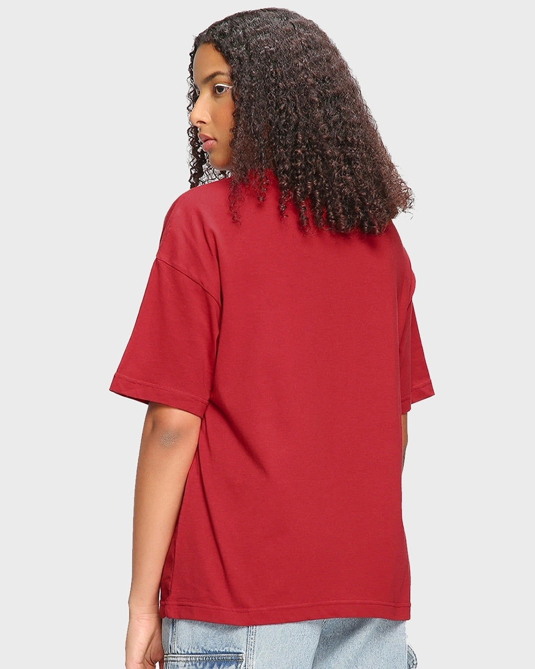 Oversized Red Cotton T-Shirt with Emotional Baggage Artwork for Women