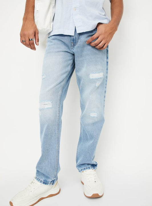Relaxed Washed Distressed Straight Fit Jeans