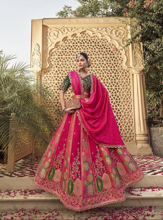 Designer Green and Pink Banarasi Silk Cutwork Embroidery Bridal Lehenga