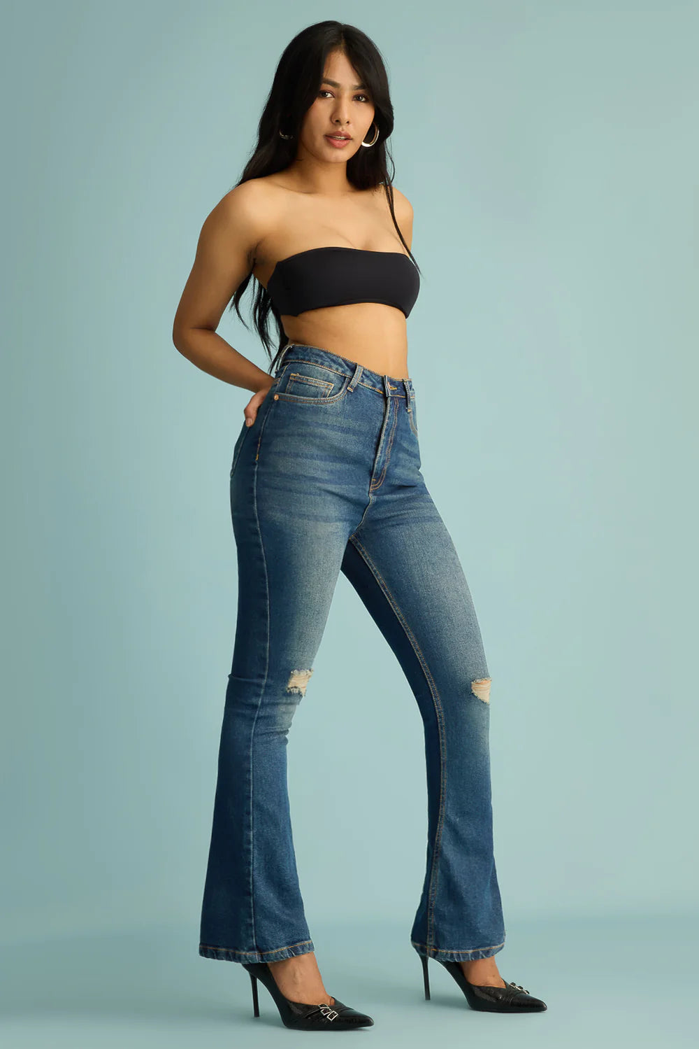 Black Ink Fade Women's Baggy Jeans with Pleated Design for Trendy Casual Wear