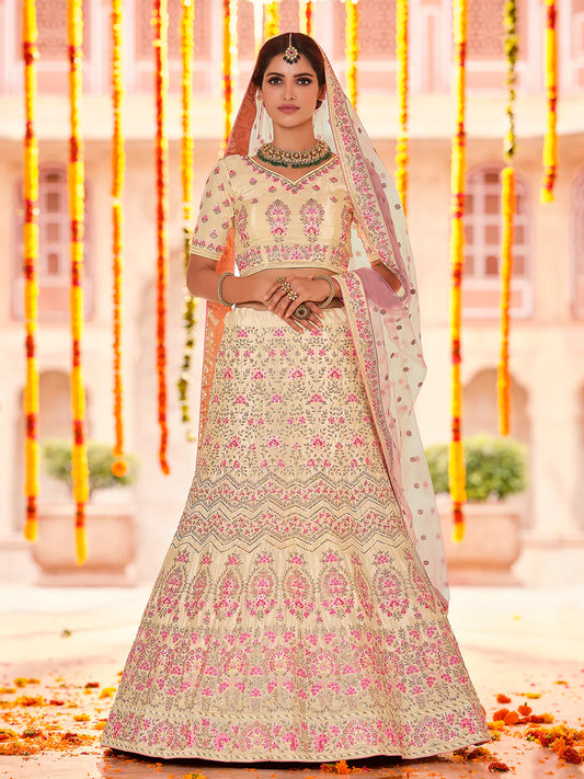 Women Designer Beige Embroidered Crepe Lehenga Semi Stitched with Blouse