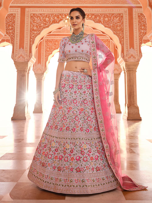 Grey Crepe Semi Stitched Lehenga with Unstitched Blouse Piece for Festive Wear