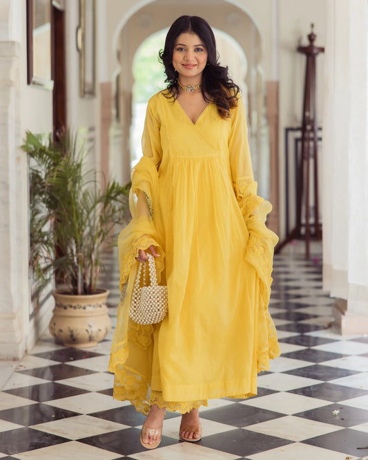 Designer Sakshi Yellow Embroidered Chanderi Anarkali Suit Set with Intricate Detailing