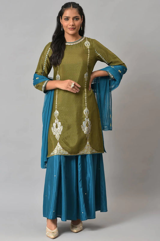 Trendy Women Olive Green Embroidered Kurta with Teal Pants and Dupatta for Parties